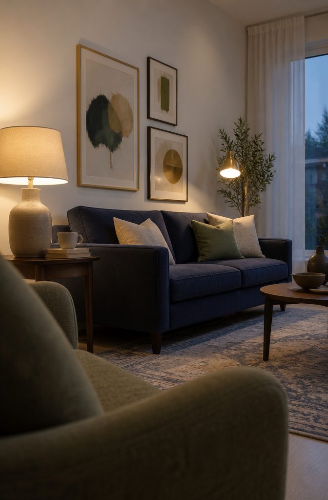 Blue sofa below framed artwork in cream green and soft gold tones