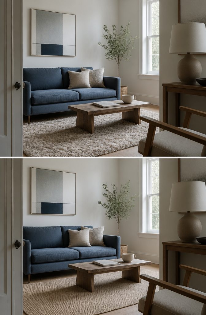 Blue sofa against a pale wall with neutral cushions and simple furnishings
