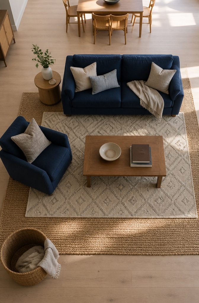 Blue sofa with a smaller patterned rug layered over a natural fiber rug