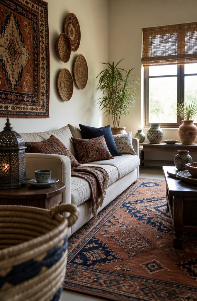 Moroccan rug, Turkish pillows, wall baskets, lantern, and Mexican ceramic vessels