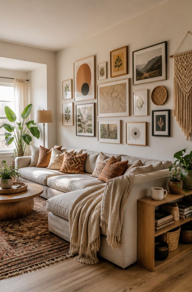 Living room gallery wall with prints, photographs, and woven wall hangings