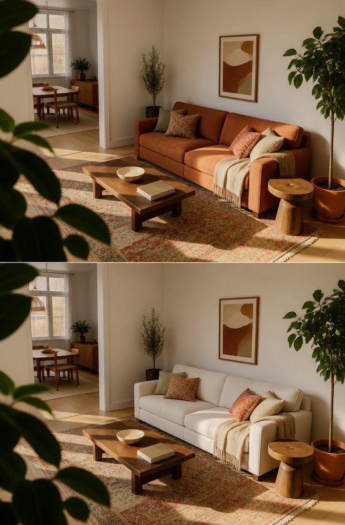 Living room with rust, cream, and sage accents and open floor space