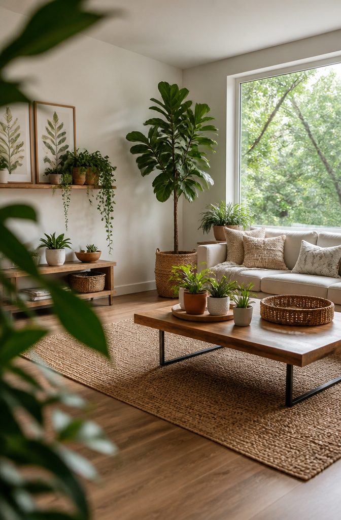 Fiddle leaf fig beside a sofa with trailing pothos on a shelf