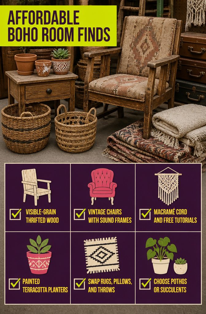 Affordable boho room finds graphic with thrifted furniture and woven decor