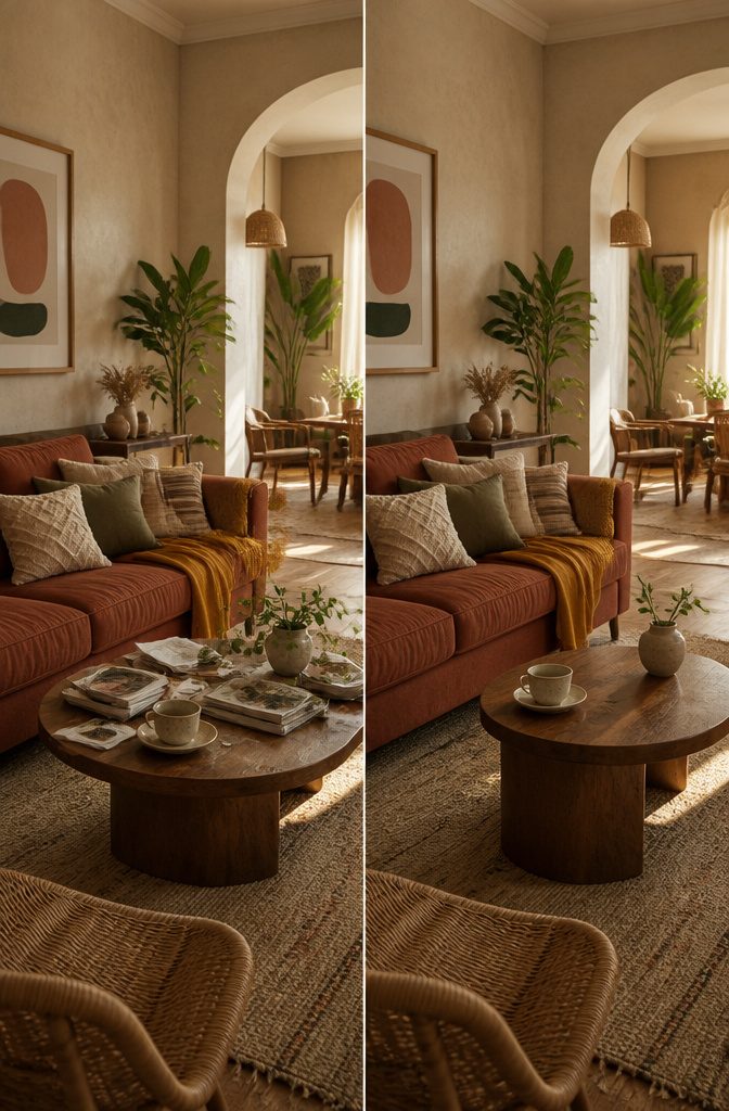 Living room with terracotta, olive green, and sandy beige accents