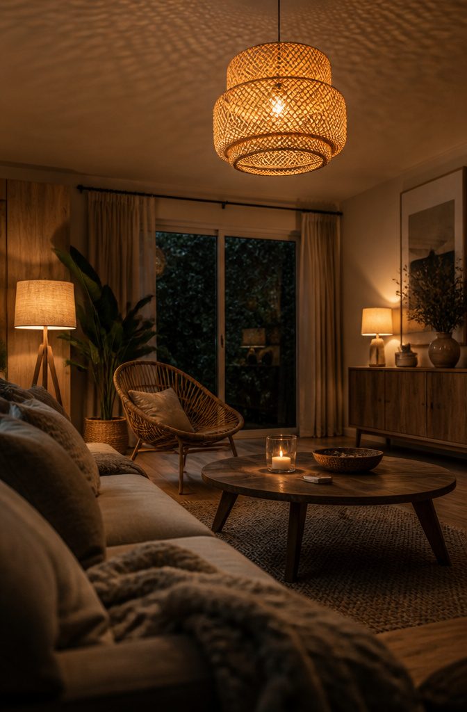 Rattan pendant light, floor lamp, and table lamp in a softly lit living room