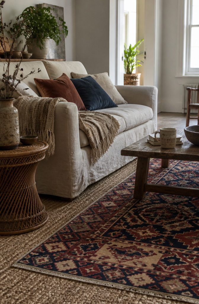 Turkish kilim over a jute rug beside a linen sofa and woven throw