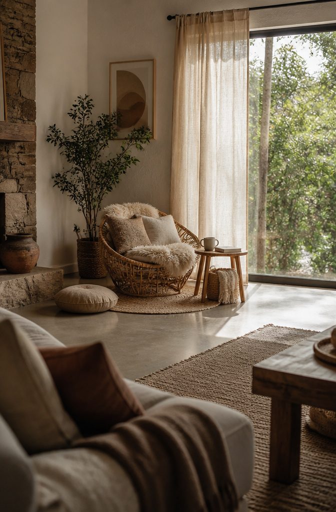 Rattan chair with a soft throw, pillows, side table, and small rug