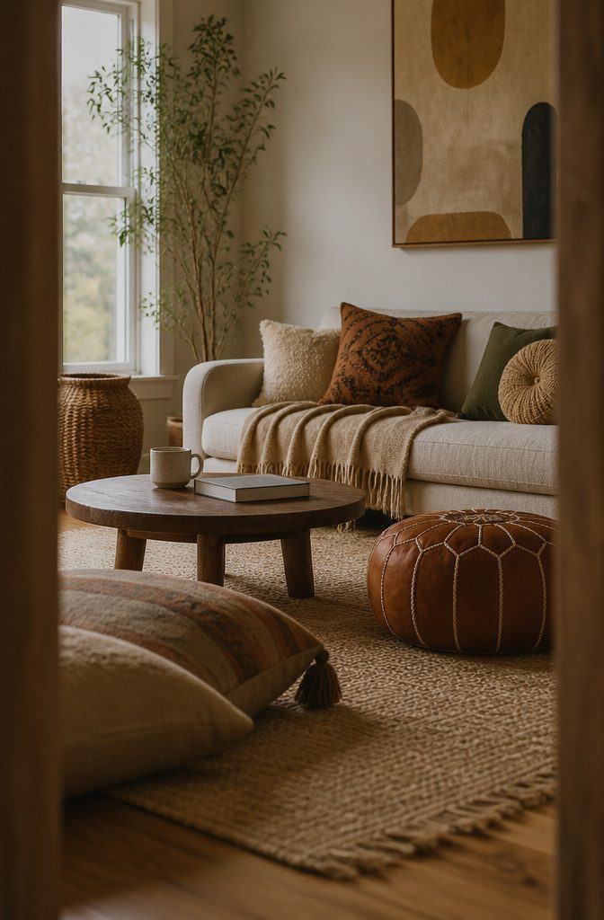 Low sofa with floor cushions and a Moroccan pouf around a coffee table