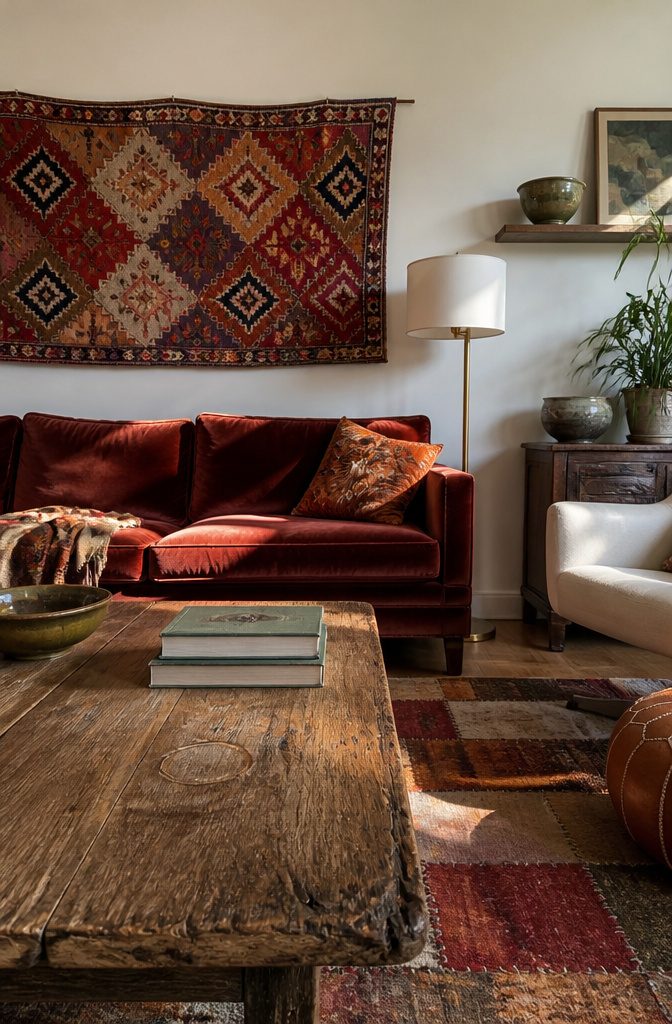 Red velvet sofa beneath an Uzbek textile beside a modern lamp and antique tables