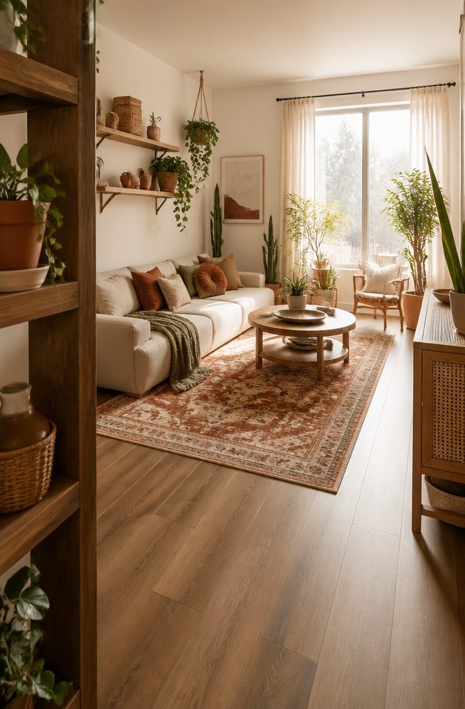 Small living room with a low sofa, large rug, wall shelves, and hanging plant