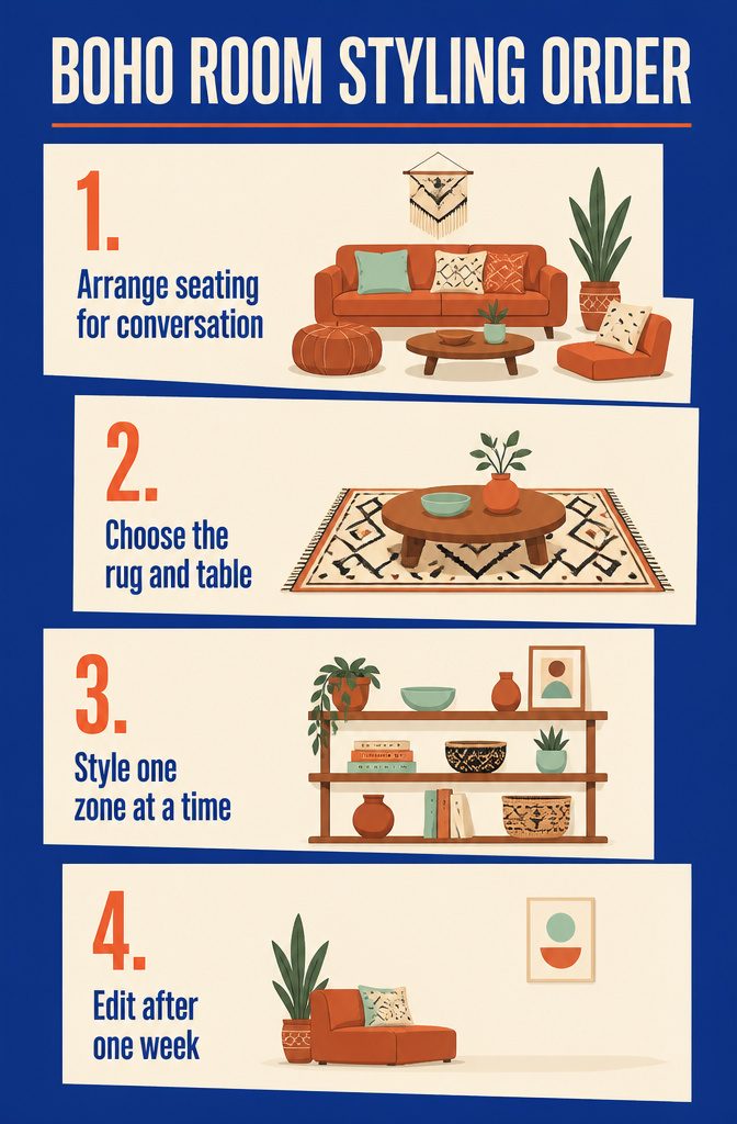 Boho room styling order graphic with furniture and accessories arranged in sequence
