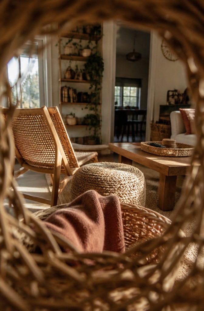 Rattan chair, woven jute ottoman, wood furniture, and baskets in a living room