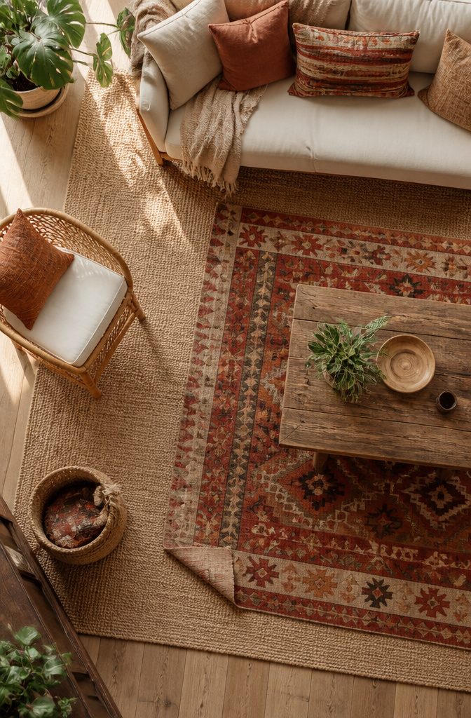 Jute rug beneath a patterned kilim in a living room seating area