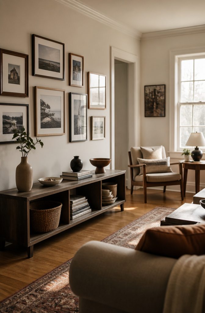 Living room shelf with books framed photos and collected objects