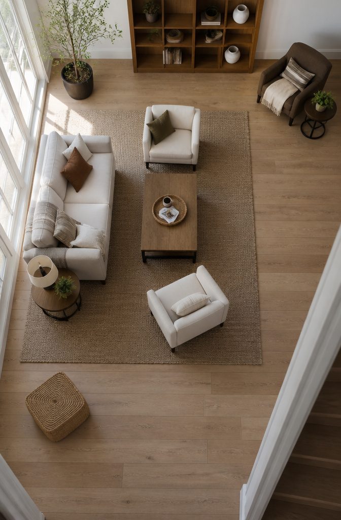 Sofa and two chairs arranged around a coffee table