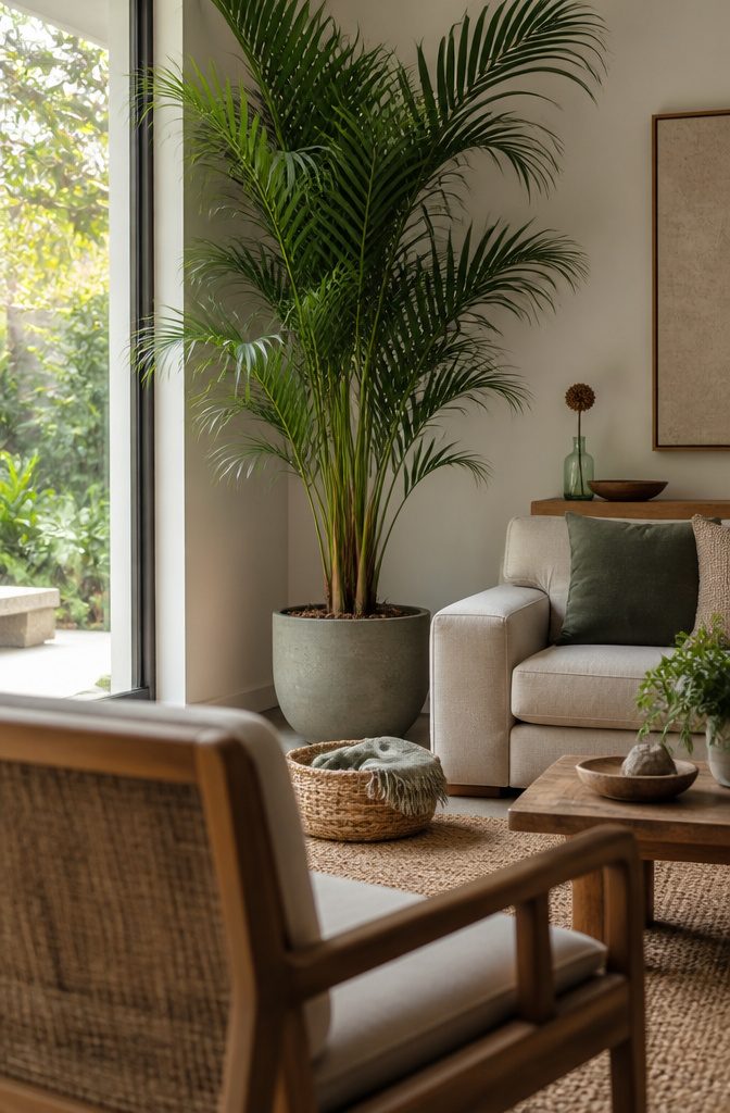 Tall palm beside a sofa with a small dried stem on a console
