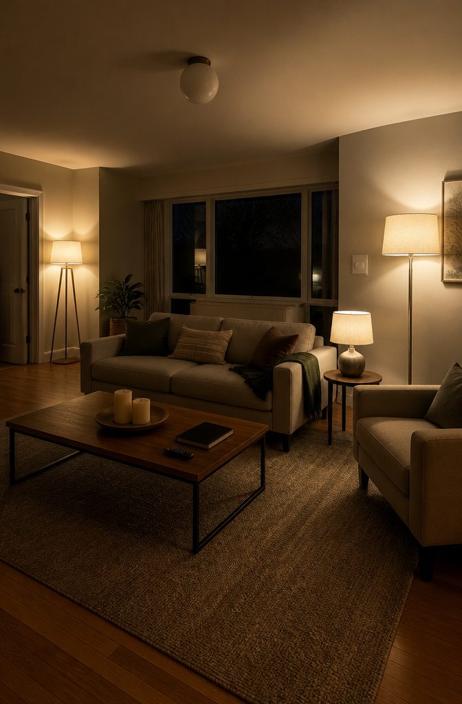 Living room seating lit by floor and table lamps