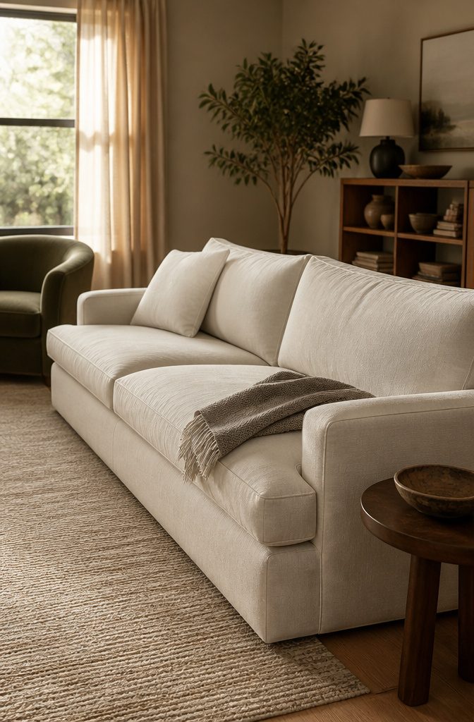 Plush living room sofa with loose cushions and a lounge chair