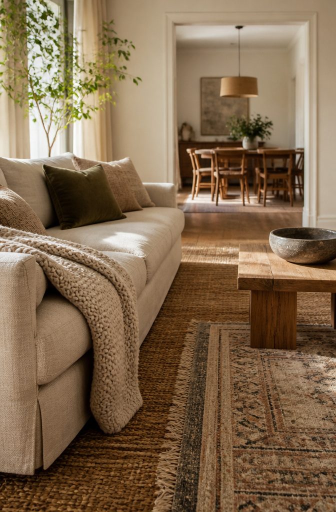 Oatmeal linen sofa with woven rug velvet cushions and knit throw