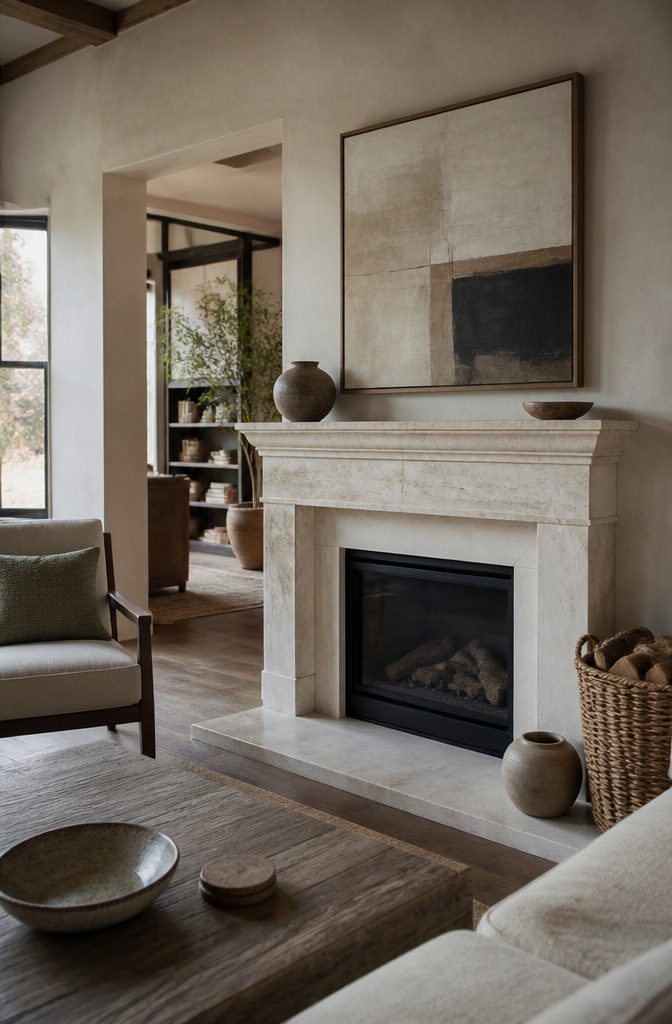 Living room fireplace with pale plaster surround and nearby seating