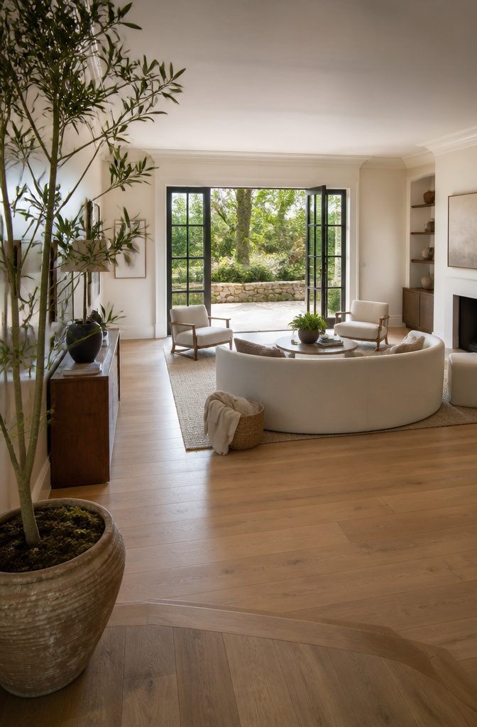 Large low-back sectional floating in a modest living room