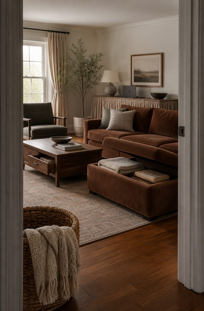 Walnut brown velvet sleeper sofa beside an open storage ottoman