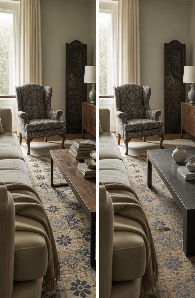 Vintage rug and high-back chair beside a modern coffee table