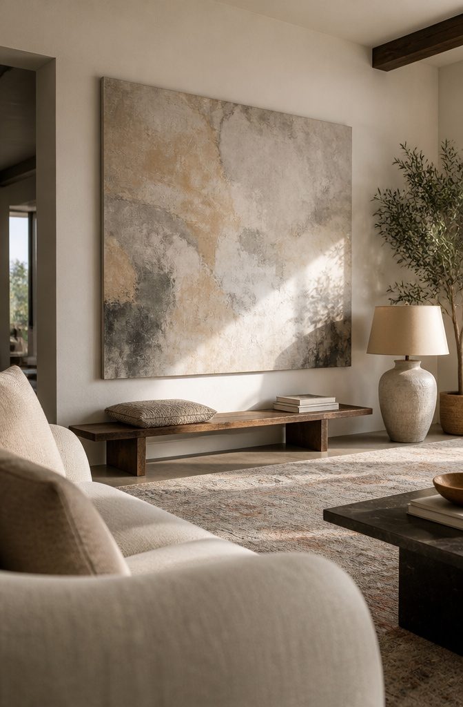 Living room gallery wall with framed art above seating