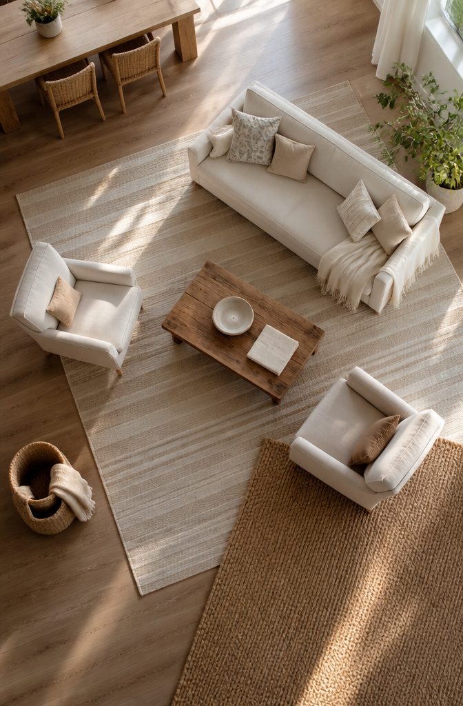 Champagne and cream striped rug beneath sofa and chairs