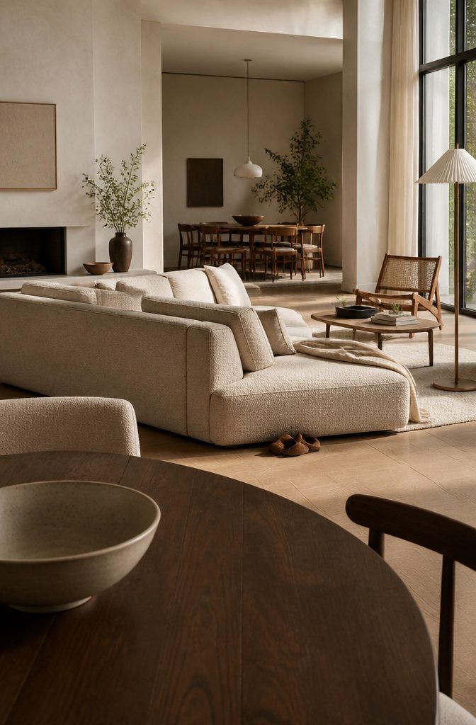 Low-back sectional with neutral upholstery in an open living room