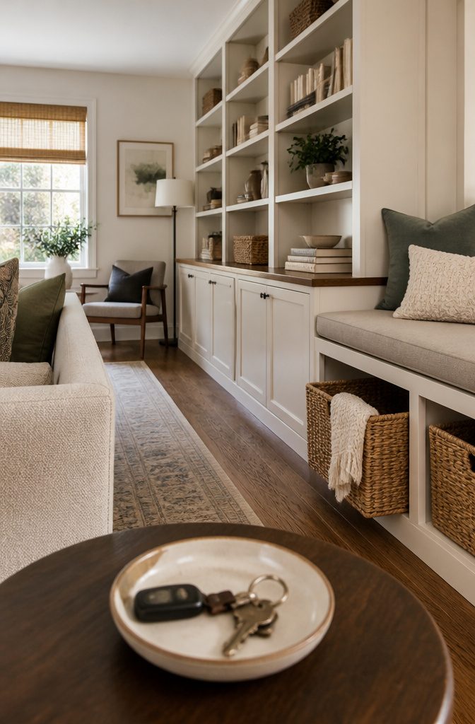 Floor-to-ceiling built-in shelves with closed cabinets and a cushioned bench