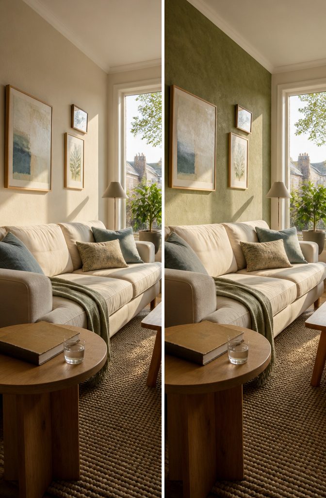 Living room with warm neutral walls and muted accent colors