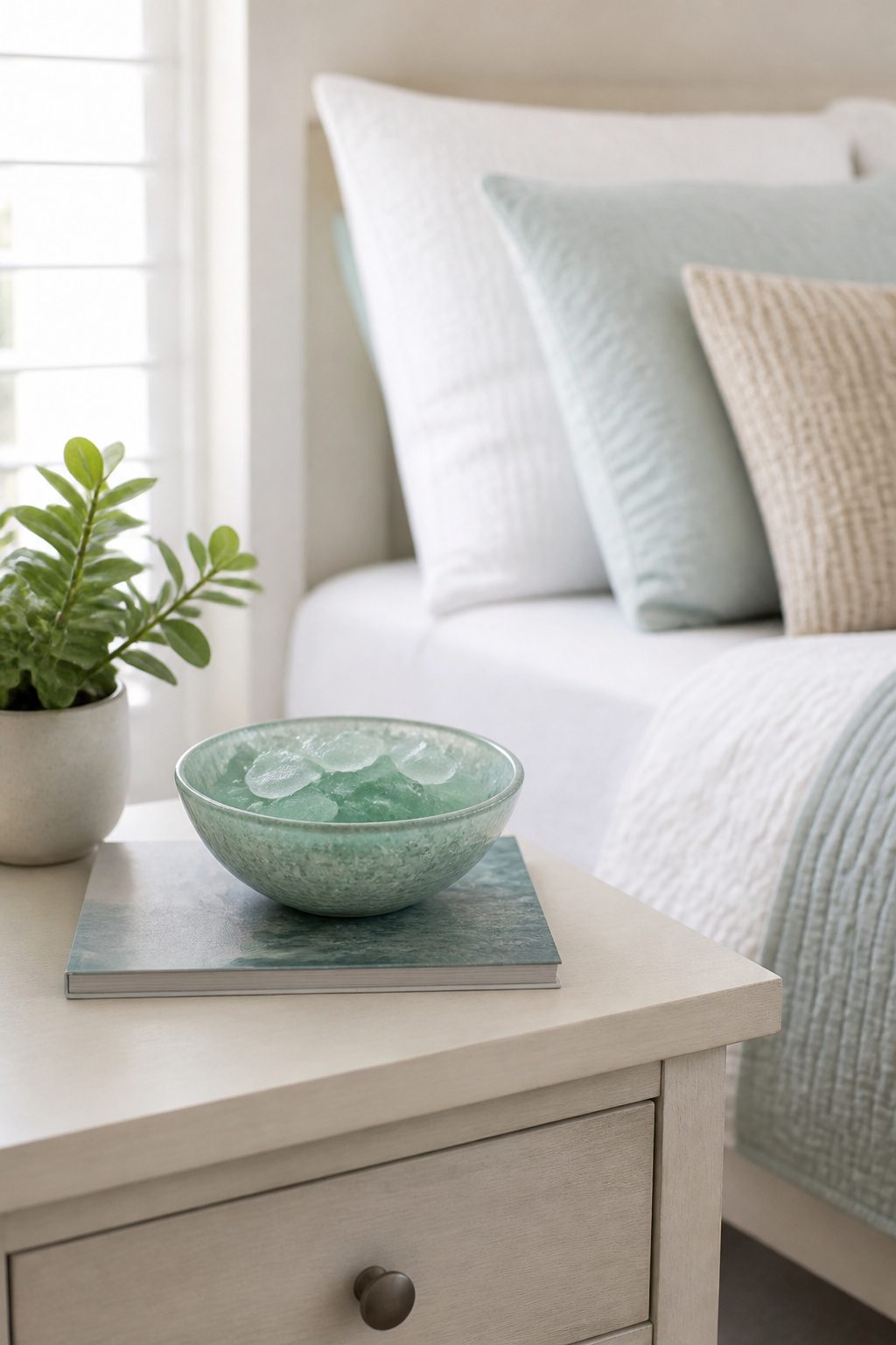 Coastal bedroom dresser with seashells and ocean-colored books.