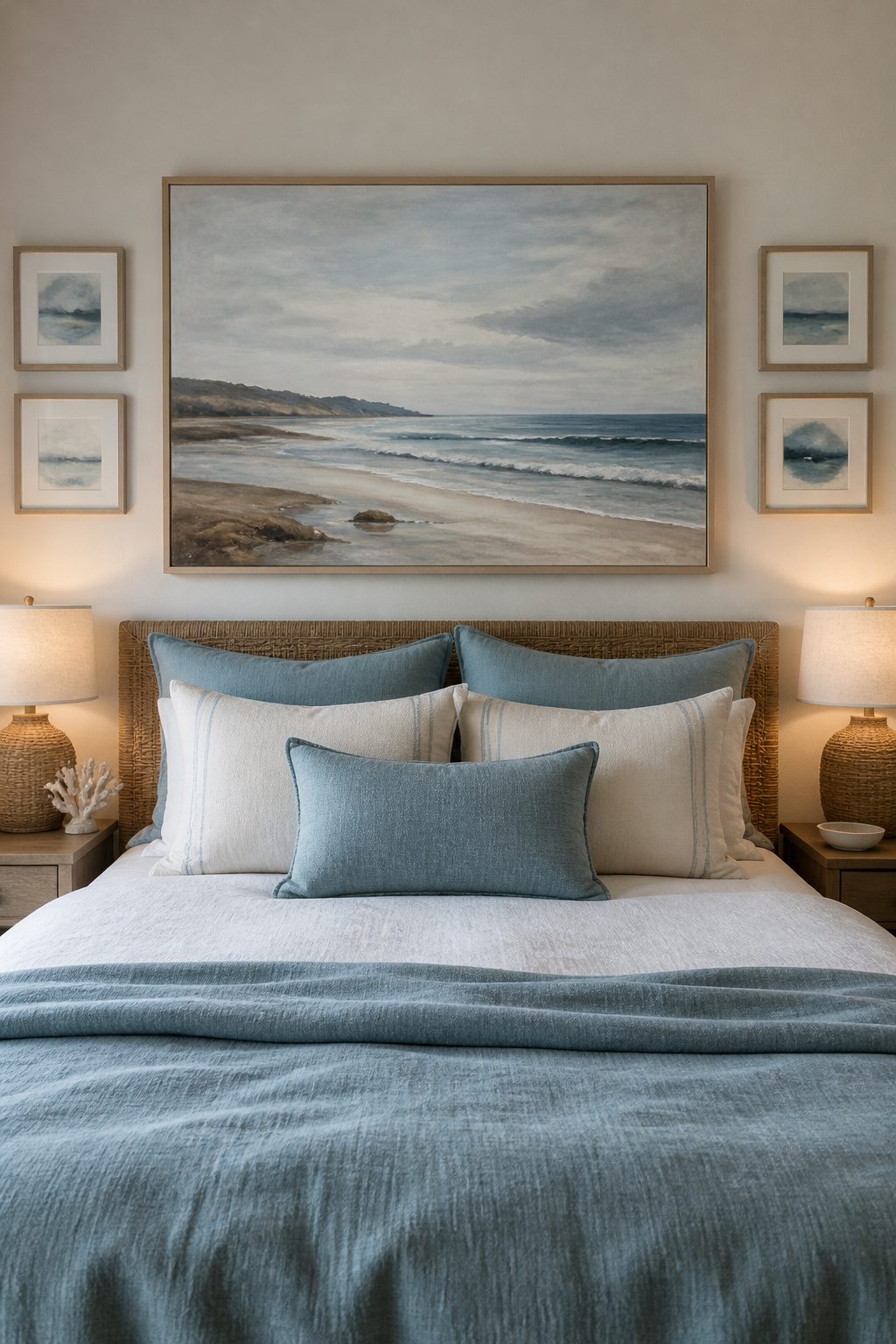 Coastal bedroom with framed beach landscapes and vintage maps.