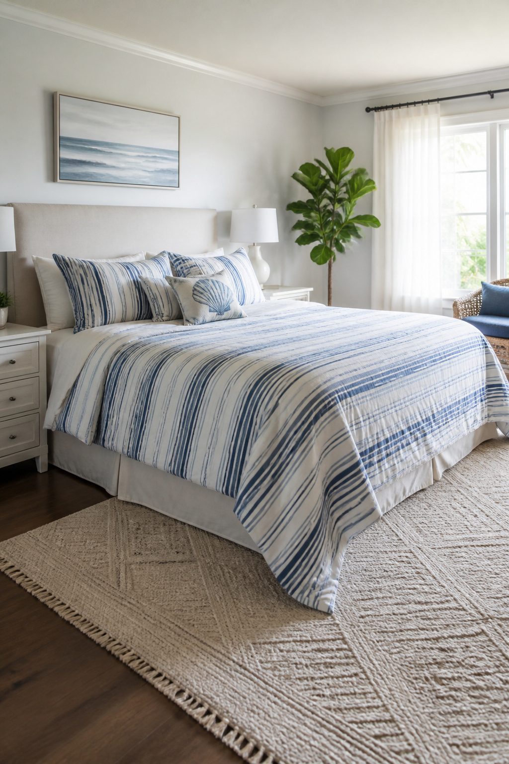 Coastal bedroom featuring a blue-and-white striped duvet and shell pillow.