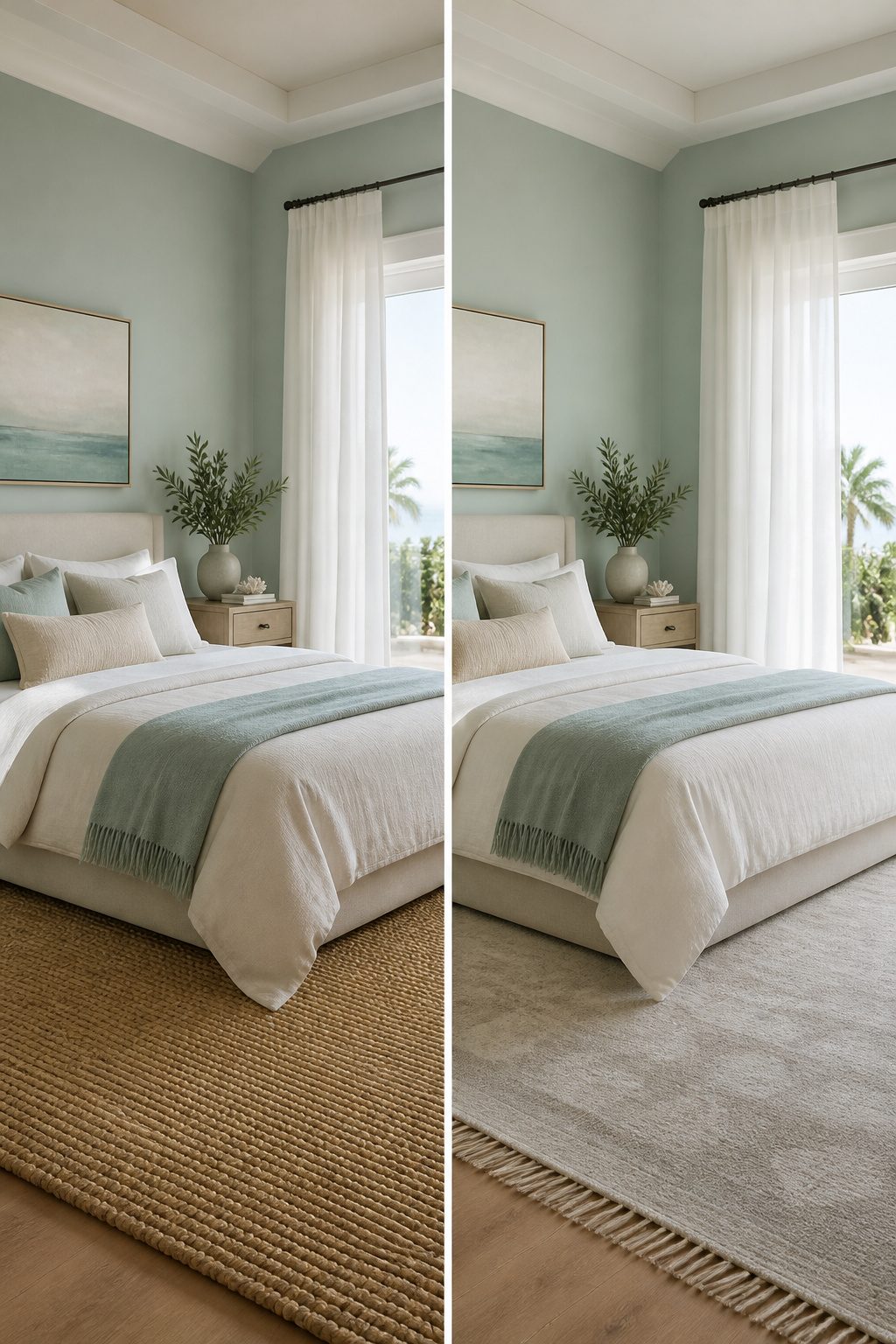 Bedroom with muted sand, driftwood, and water tones in a modern style.
