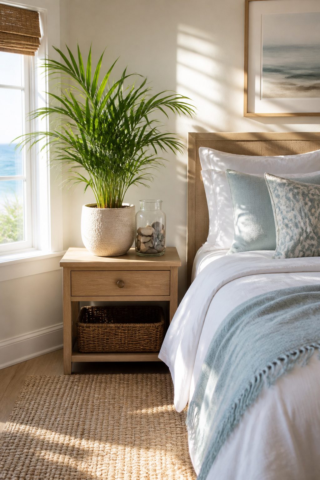 Coastal bedroom with a potted parlor palm on the bedside table.