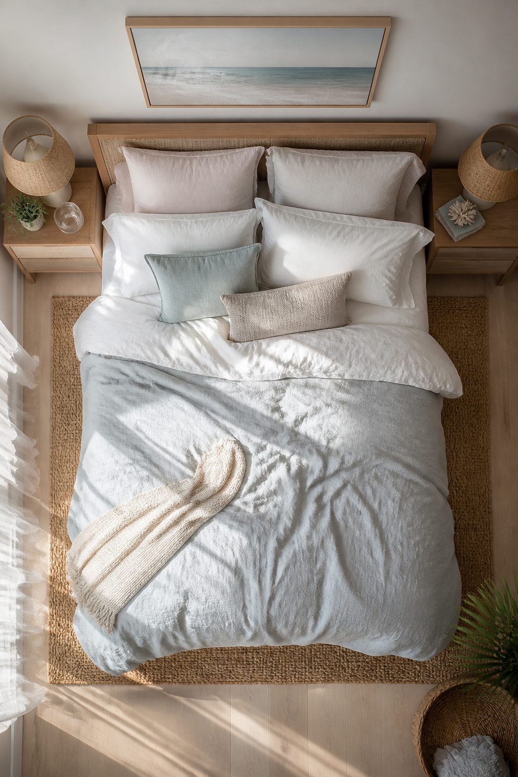 Coastal bedroom with crisp white cotton bedding and oversized pillows.
