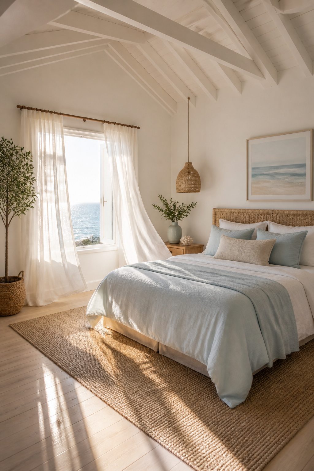Coastal bedroom with sheer curtains allowing soft light to enter.