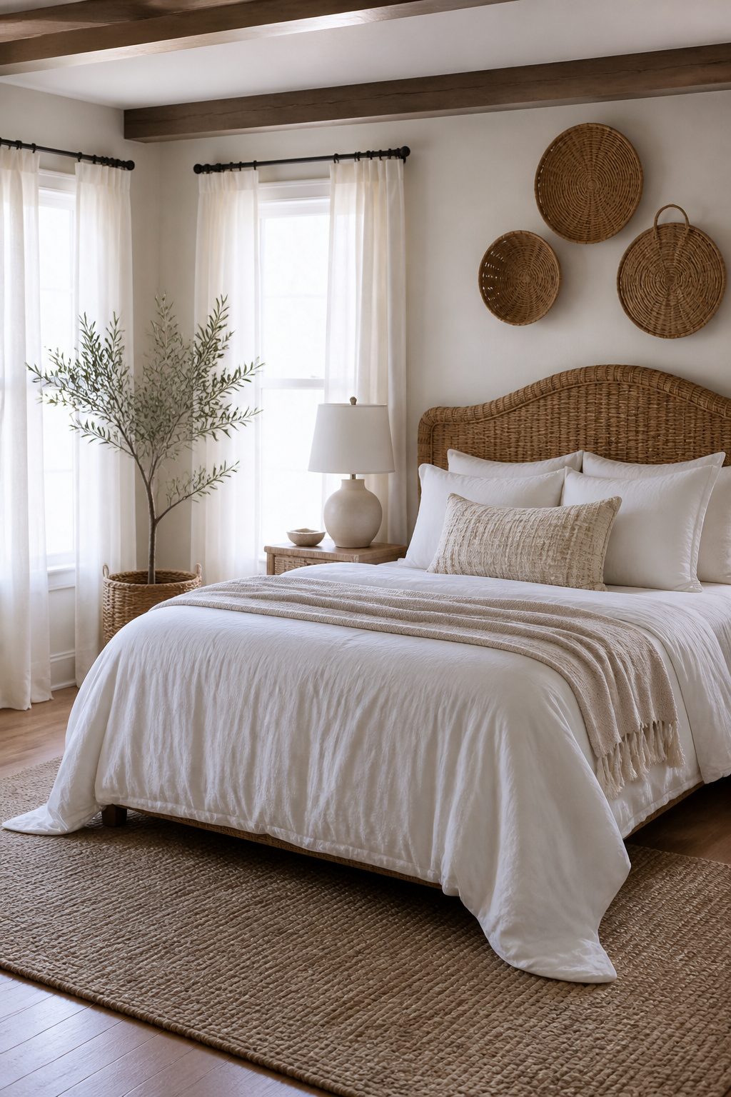 Coastal bedroom featuring a woven rattan headboard and jute rug.