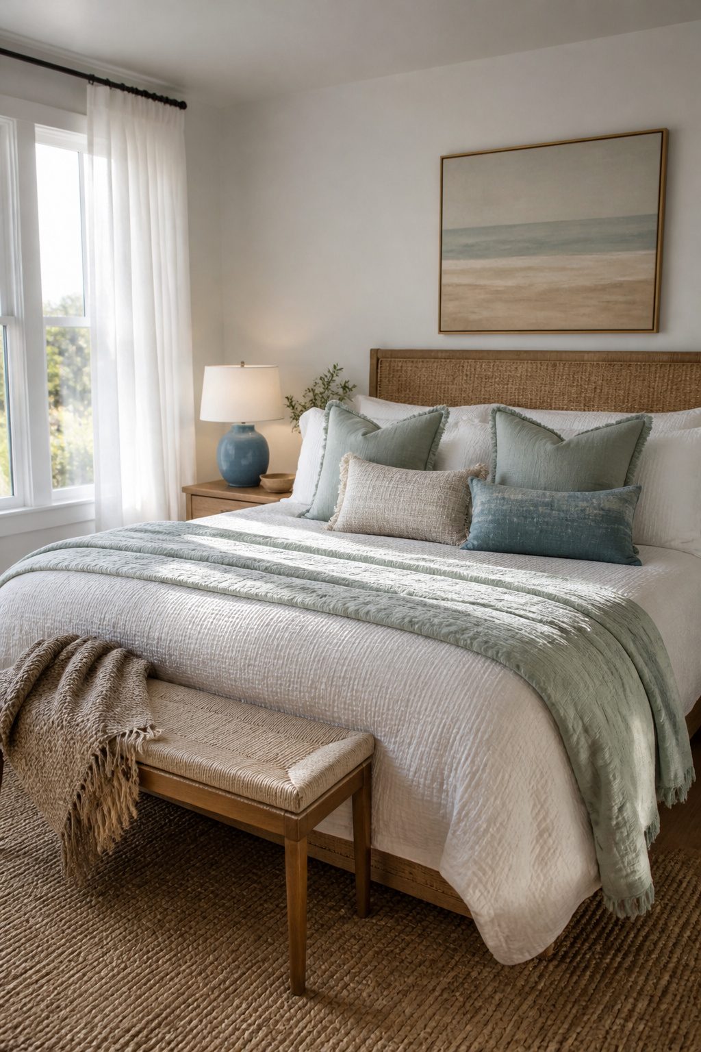 Coastal bedroom with a soft white wall and green and beige accents.