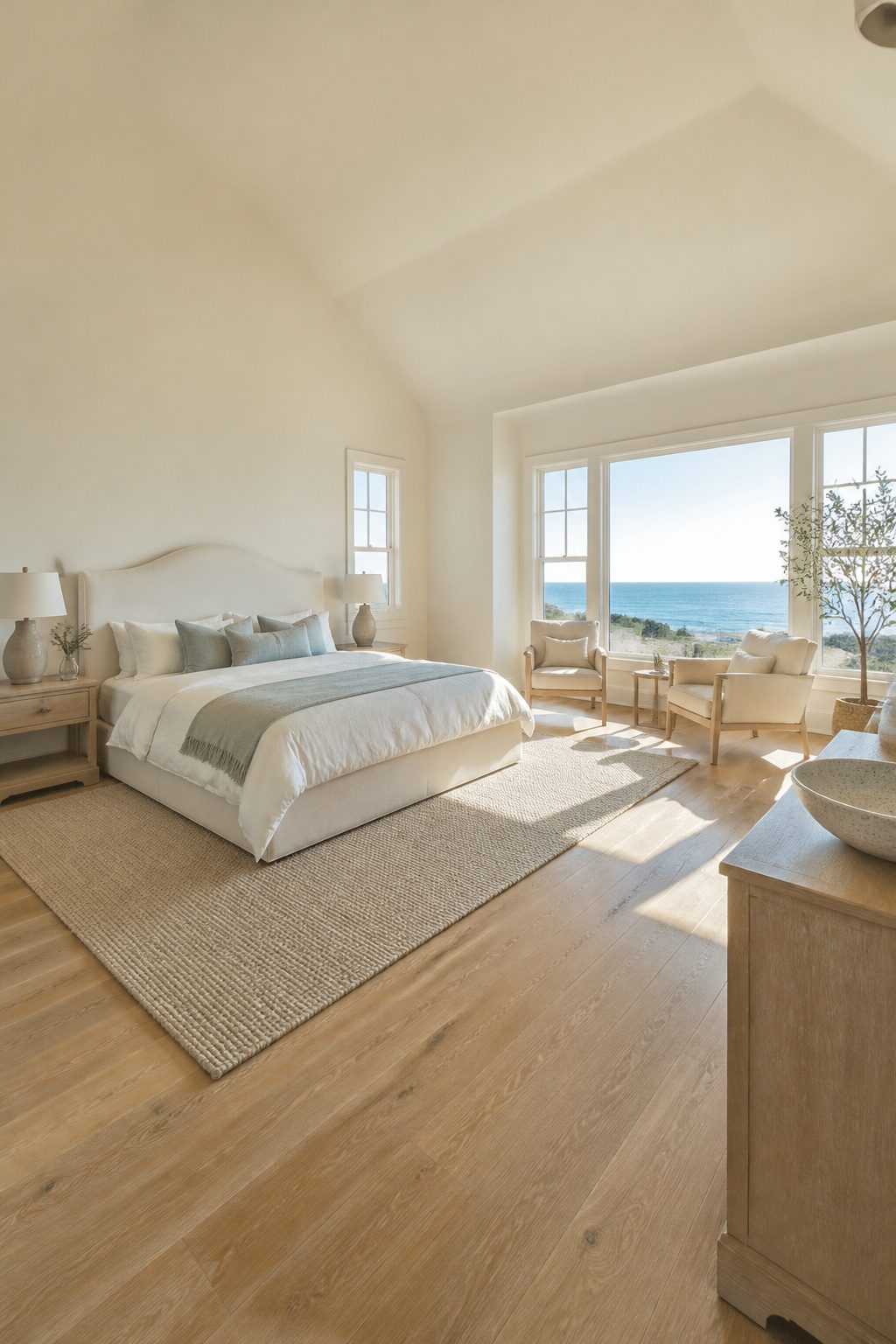 Bedroom with white and soft gray walls and large furniture.