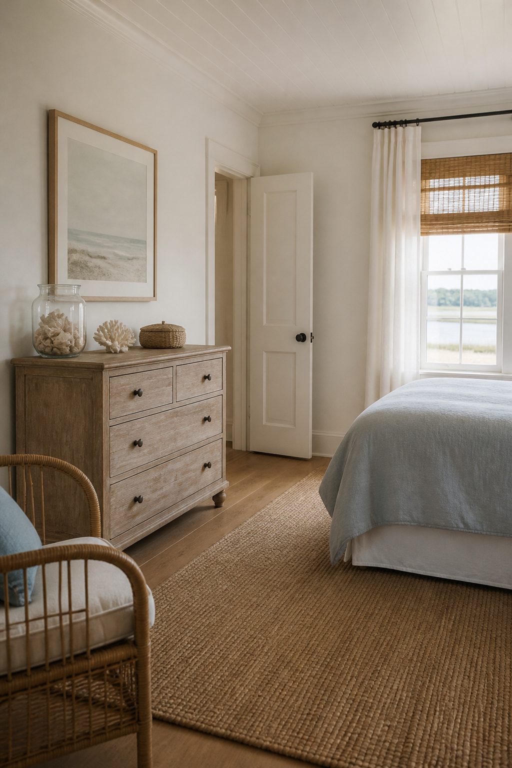 Coastal bedroom featuring a weathered chest of drawers as a nightstand.