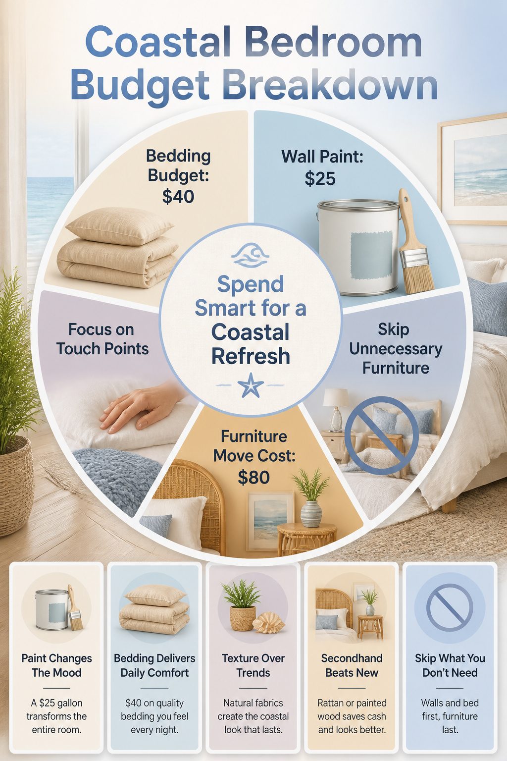 Budget breakdown image for refreshing a coastal bedroom.