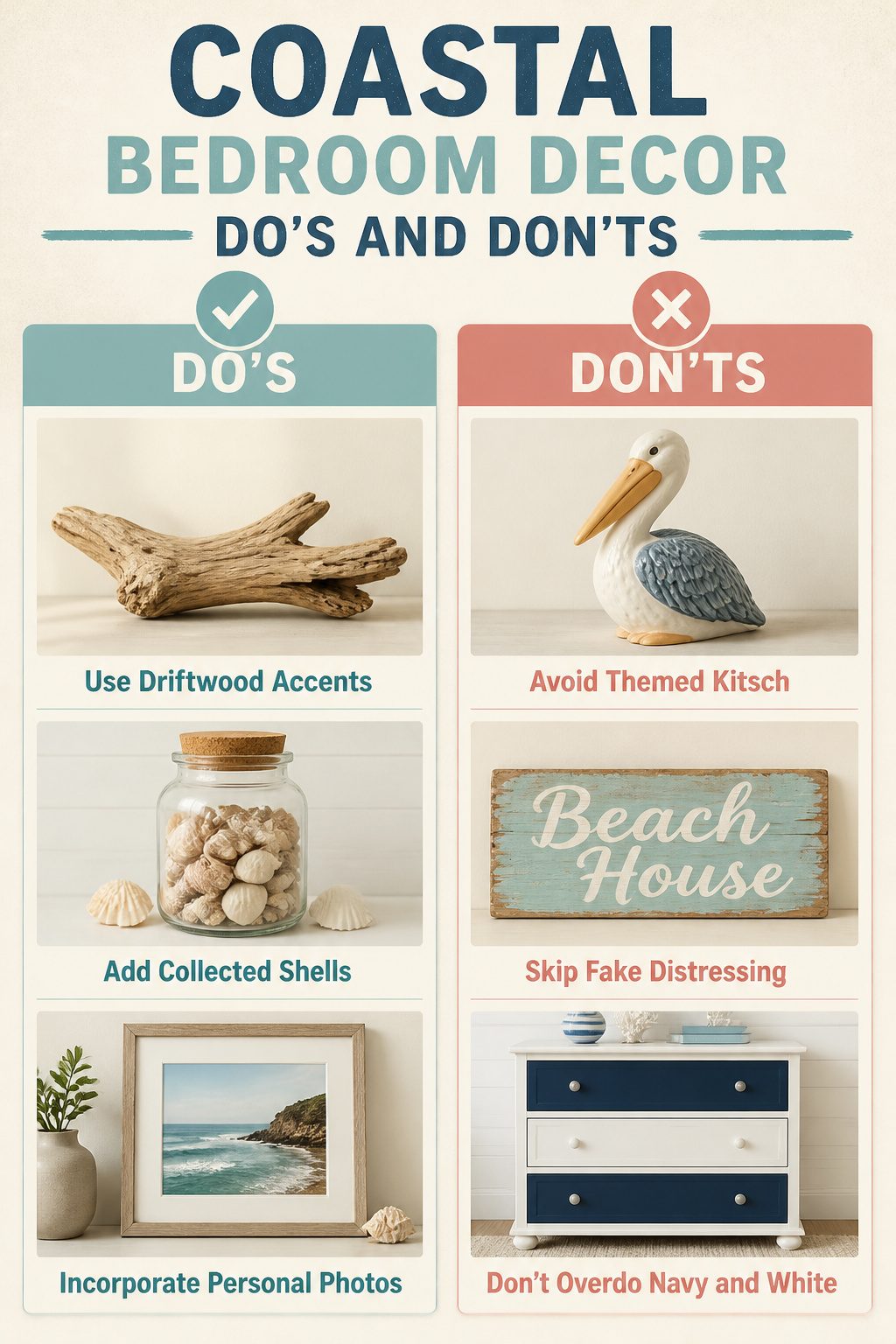Information image listing do's and don'ts for coastal bedroom decor.