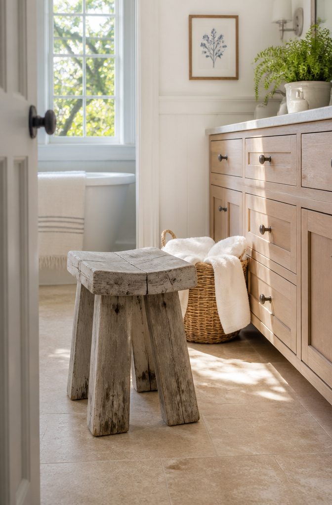 Coastal farmhouse bathroom with a driftwood-textured stool and simple coastal accents