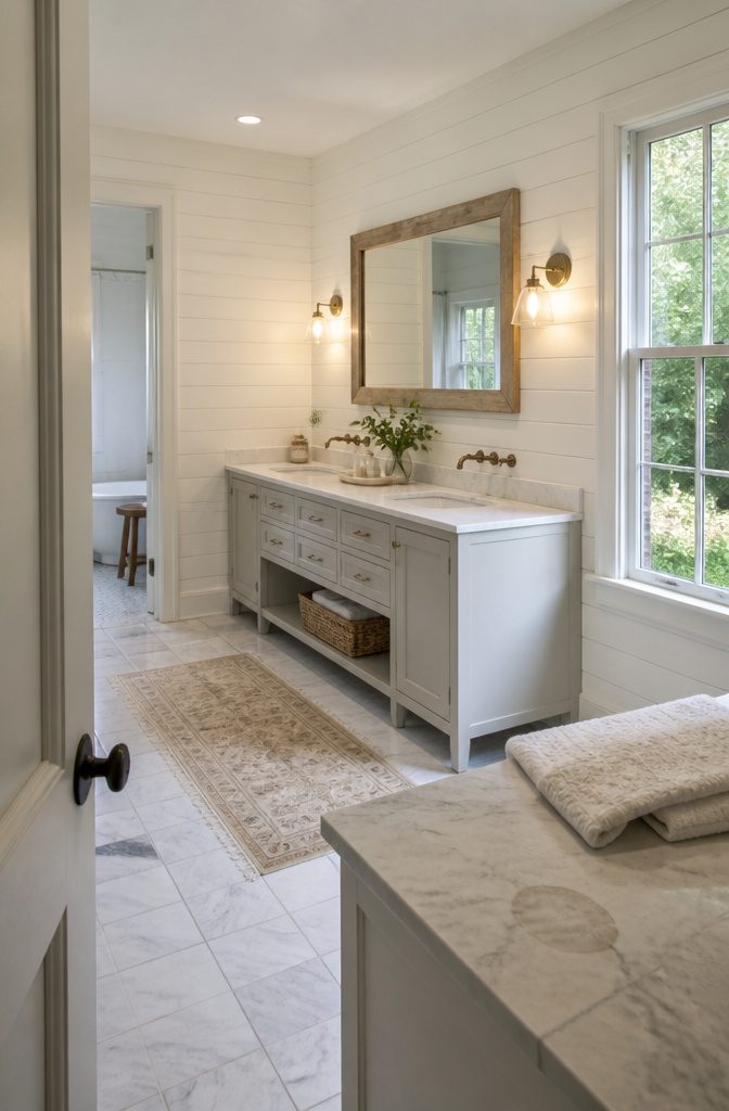 Coastal farmhouse bathroom with white shiplap walls and a weathered wood mirror