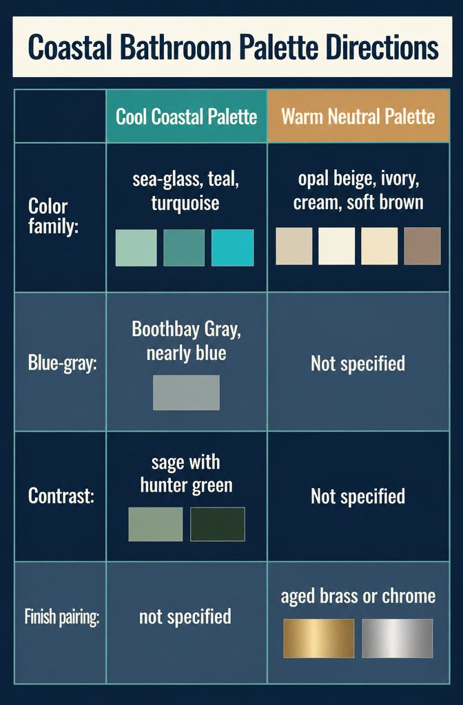 Coastal bathroom palette guide with blue, green, ivory, beige, and brown swatches
