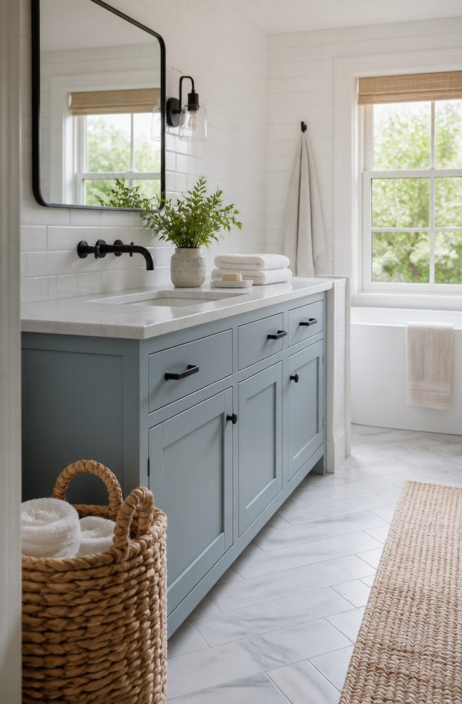 Coastal farmhouse bathroom with a muted blue-gray vanity and pale finishes